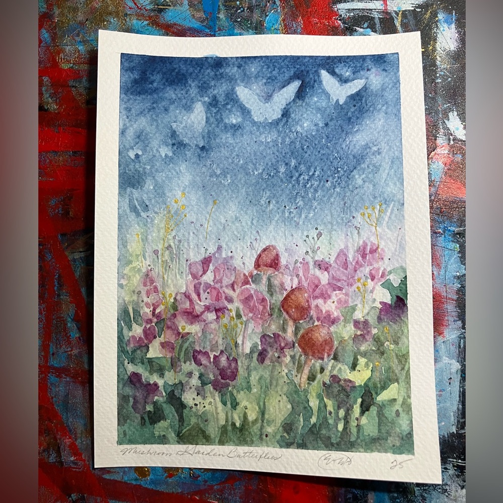 Mushrooms Original butterfly painting floral nature watercolor art Artettina USA